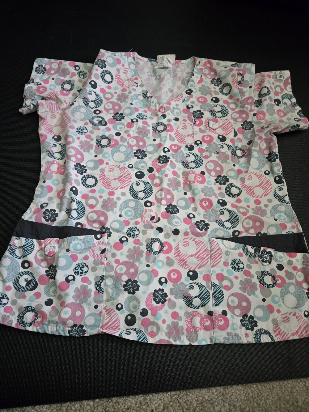 Pink, Gray & White Patterned V-Neck Scrub Top